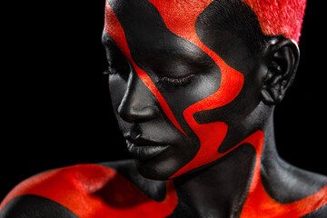 The Art Face. How To Make A Mixtape Cover Design - Download High Resolution picture with black and red body paint on african woman for your music song. Create album template with creative Image. - 745427335