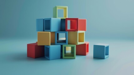 A 3D rendering illustrates the concept of business teamwork, showing blocks assembling into a cube