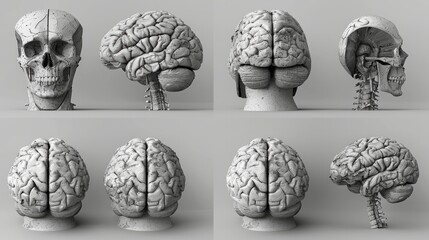 A computer-generated 3D model of a brain, displayed from multiple angles - obrazy, fototapety, plakaty