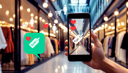 A hand with a smartphone taking photos of discounted dresses and uploading them on social networks.