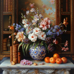Colorful garden flowers bouquet in vintage vase and fruits. Oil painting illustration in Dutch still life masterpieces style.	