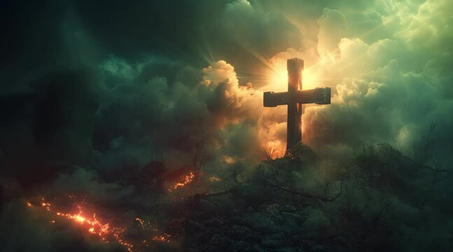 Old Cross with Clouds And Glorious Light From Heaven. Concept of the Crucifixion or Resurrection of Jesus Christ