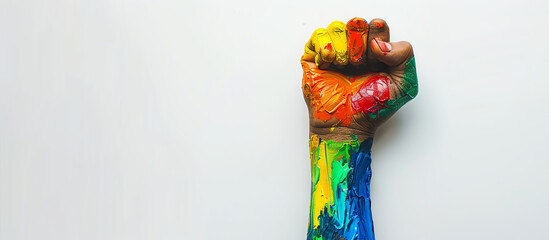Obraz na płótnie Canvas Fist of a man painted in the colors of the rainbow on a white background