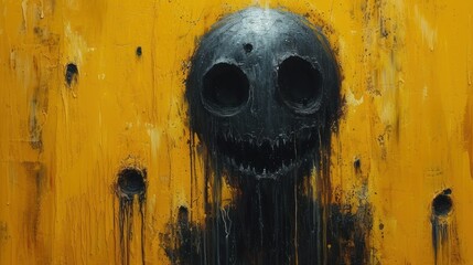  a black and yellow painting of a skull on a yellow wall with holes in the middle of the painting and a black and white skull in the middle of the painting.