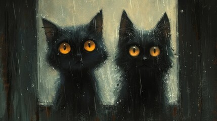  a couple of black cats sitting next to each other in front of a window with rain coming down on them and one cat with yellow eyes looking at the other.