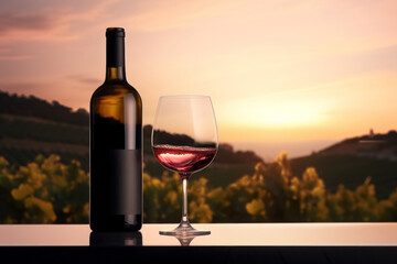 Bottle of red wine with mock up black label and glass on background of sunset panorama of grape...