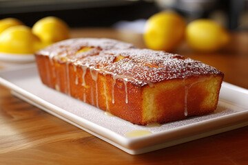 Baked lemon cake with glazed and powdered sugar serving on white plate on the table - obrazy, fototapety, plakaty