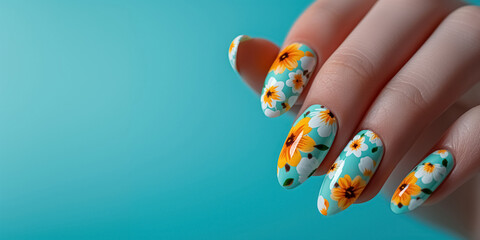 Close up delicate manicure with nail art of blooming tulip flowers on blue background, creative women manicure, concept of arrival of spring - obrazy, fototapety, plakaty