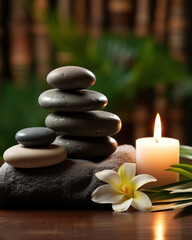 Fototapeta na wymiar Black hot stone for massage, lit candle and grey towel on wooden background, accessories for spa therapy and treatment, relax and self care concept