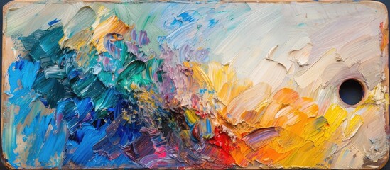 An abstract painting featuring a rainbow of colors created with vibrant strokes of oil paint on a...
