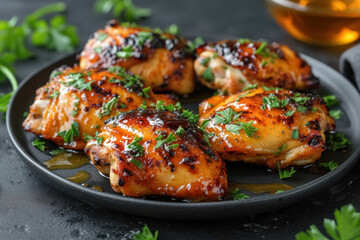 Chicken thighs in mustard honey glaze and parsley on black plate on concrete background