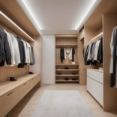 A modernly designed dressing room with light wood interiors.