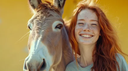 Fotobehang Cheerful Woman with Red Hair and Freckles Enjoying Serene Moment: Donkey Companion © brahim