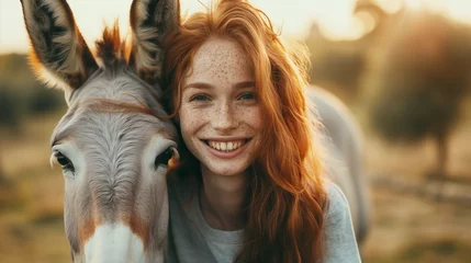 Fotobehang Closeup of Joyful Redhead with Freckles and Donkey: Authentic Connection © brahim