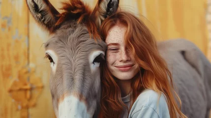 Tuinposter Happiness in Isolation: Redheaded Woman and Donkey Sharing a Moment © brahim