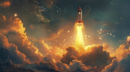 A soaring rocket ship blasting off towards a starry sky, representing ambition and the pursuit of dreams. - obrazy, fototapety, plakaty