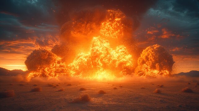  a huge explosion of rocks in the middle of a desert with a sky filled with clouds and bright yellow and orange light coming from the top of the top of the explosion.