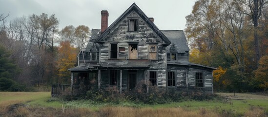 An old, weathered house stands alone in the center of a vast field. The house appears neglected and rundown, with broken windows and overgrown vegetation surrounding it.