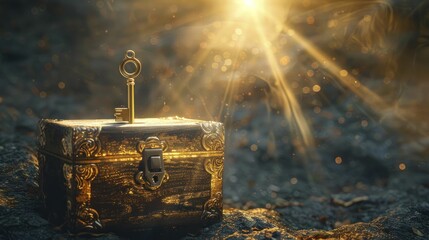 A golden key unlocking a treasure chest under a beam of light, representing the unlocking of potential and riches. - obrazy, fototapety, plakaty