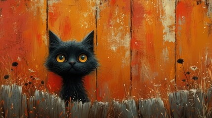  a painting of a black cat peeking out from behind a fence with grass and flowers in the foreground and a wooden fence in the background with orange and orange paint.