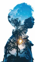 A silhouette of a person's profile overlaid with a forest landscape in a double exposure