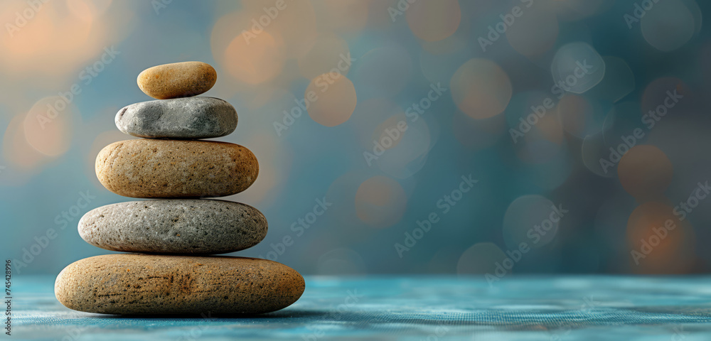 Poster A stack of earth-toned pebbles on a blue backdrop.