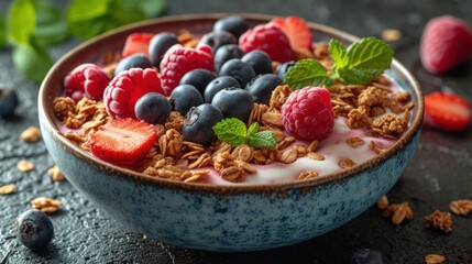  a bowl of granola with yogurt, raspberries, blueberries, and strawberries on a black surface next to some mint leaves and raspberries.
