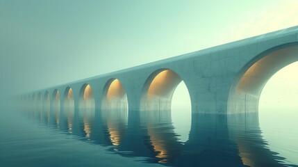  a long bridge over a body of water in the middle of a foggy day with the sun shining on the bridge and the water reflecting off of the bridge.