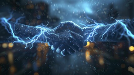 A simple thunderbolt and handshake design represent the strength of business partnerships and collaborations.