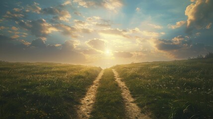 A forked path reveals choices leading to sunny success, personifying decisions and ambition. - obrazy, fototapety, plakaty