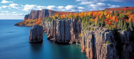 This picture showcases a large body of water, Lake Superior, glistening under the sunlight, while being surrounded by a dense forest of green trees. - obrazy, fototapety, plakaty