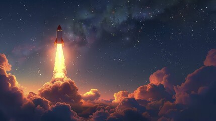 Naklejka premium A rocket ship launches into the starry sky, embodying ambition and dream chasing.