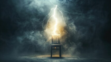 A thunderbolt striking an empty chair signifies leadership hurdles and the necessity of clear guidance in business. - obrazy, fototapety, plakaty