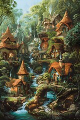 The painting depicts a charming village nestled in the woods. Gnomes can be seen going about their daily activities, adding a whimsical element to the scene