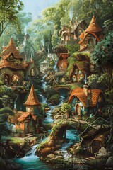 Fototapeta premium The painting depicts a charming village nestled in the woods. Gnomes can be seen going about their daily activities, adding a whimsical element to the scene