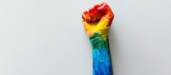 Fist of a man painted in the colors of the rainbow on a white background