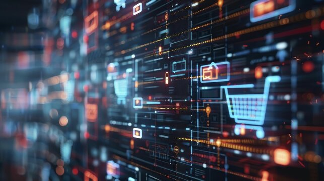 An abstract network of interconnected devices, each displaying different aspects of an online shopping journey, from search to satisfaction.