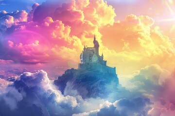 A majestic castle sits atop a cloud-filled sky, creating a surreal and fantastical scene. The castle stands out against the fluffy white clouds, showcasing its grandeur and mystery
