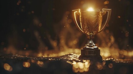 Shining under the spotlight, the golden trophy represents success and triumph in the darkness.