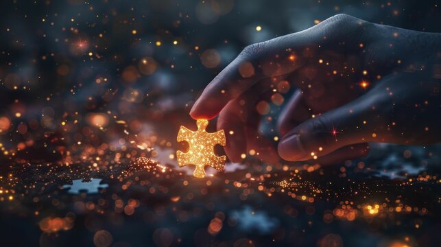 Glowing puzzle pieces connecting by a guiding hand, embodying collaboration and solution finding.