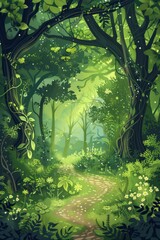 A painting depicting a narrow path winding through a dense forest, with sunlight filtering through the leafy canopy above. The trees tower around the pathway, creating a sense of depth and mystery
