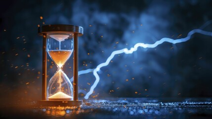 Thunder striking an hourglass depicts the swift decision-making pace and urgency in business operations. - obrazy, fototapety, plakaty