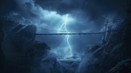 Thunder strikes over a minimalist bridge, illustrating overcoming obstacles and connecting opportunities in business.