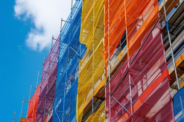 Construction site. Construction, renovation of high-rise residential building, office. Colorful hoarding on construction site, with building outline emerging behind it. Safety net covering building