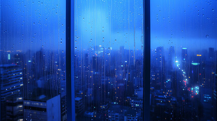 Raindrops on Window Overlooking Nighttime Cityscape