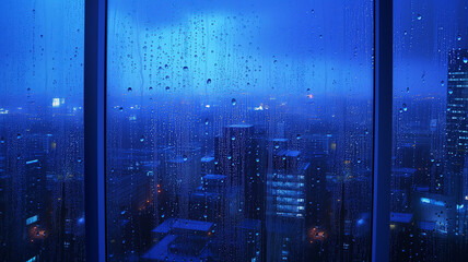 Raindrops on Window Overlooking Nighttime Cityscape