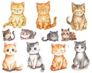 Set of clipart cute cats and kittens on a transparent background