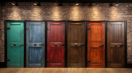 Six colorful vintage doors in a row against a brick wall background. Textured surfaces concept. Generative AI