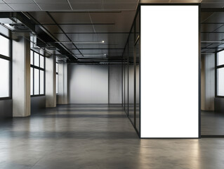 An empty office interior with a blank billboard mockup on a concrete wall. Ai generative illustration