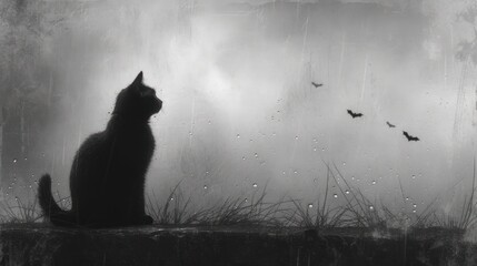  a black and white photo of a cat sitting on a ledge looking at a flock of bats flying in the sky over a grassy area with water droplets on the ground.
